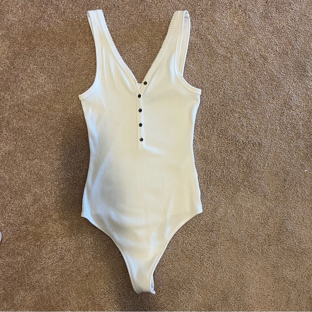 Abercrombie & Fitch Cream Ribbed Button-Front Bodysuit